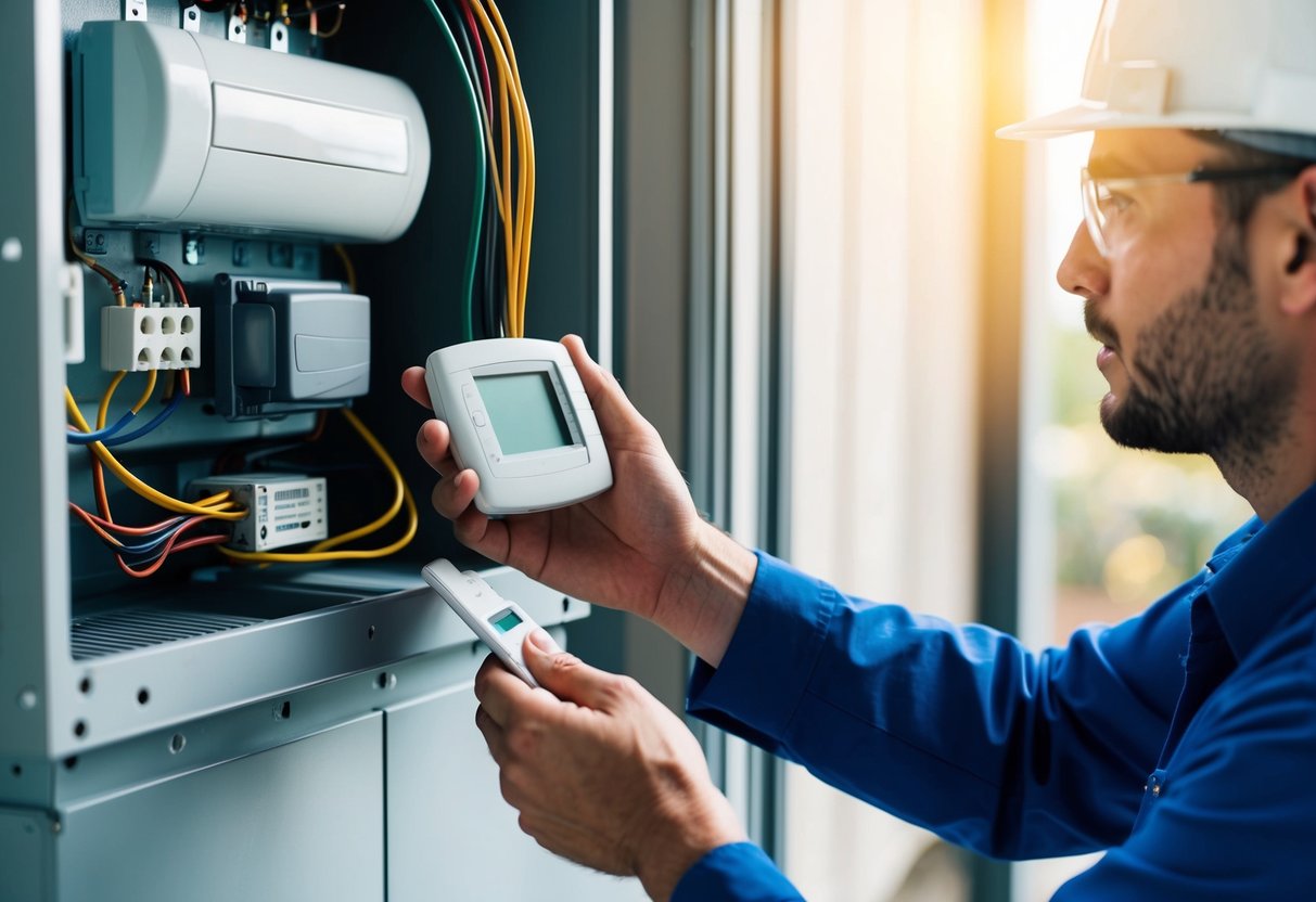 A technician holds a thermostat and studies a HVAC system, checking for proper wiring and positioning before installation