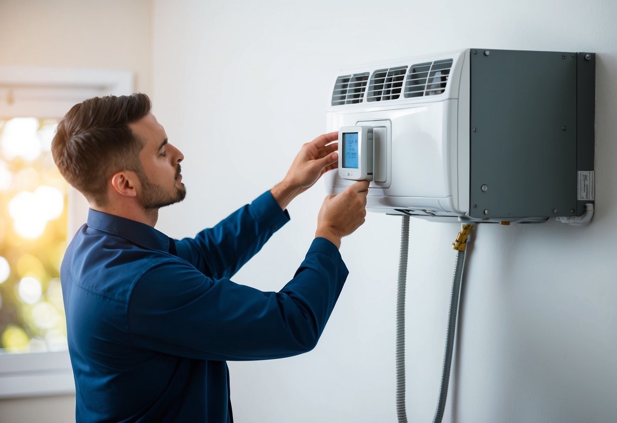 A technician installs a thermostat on a white wall next to an HVAC system, carefully avoiding common mistakes