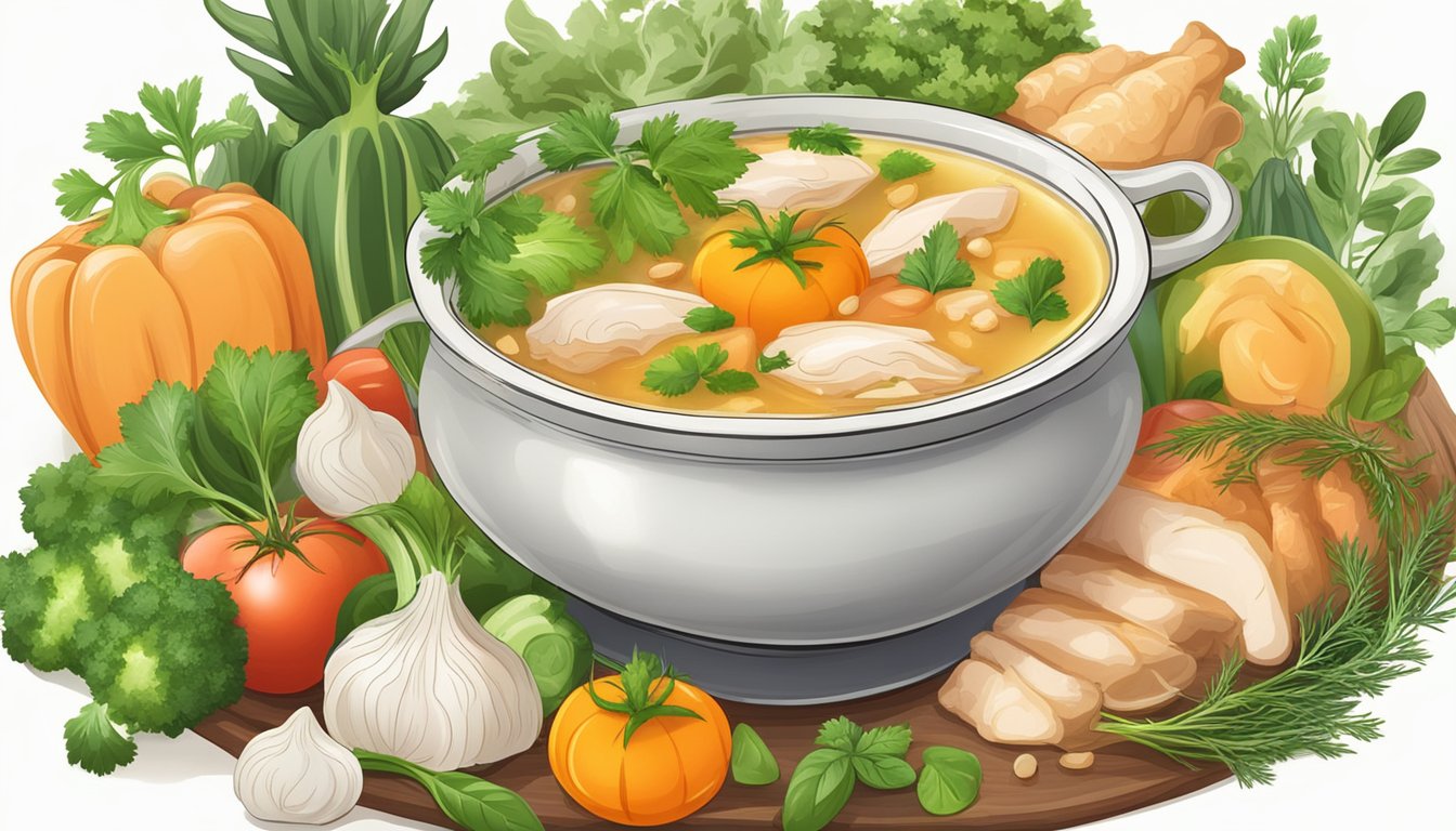 A steaming bowl of organic chicken broth surrounded by fresh vegetables and herbs