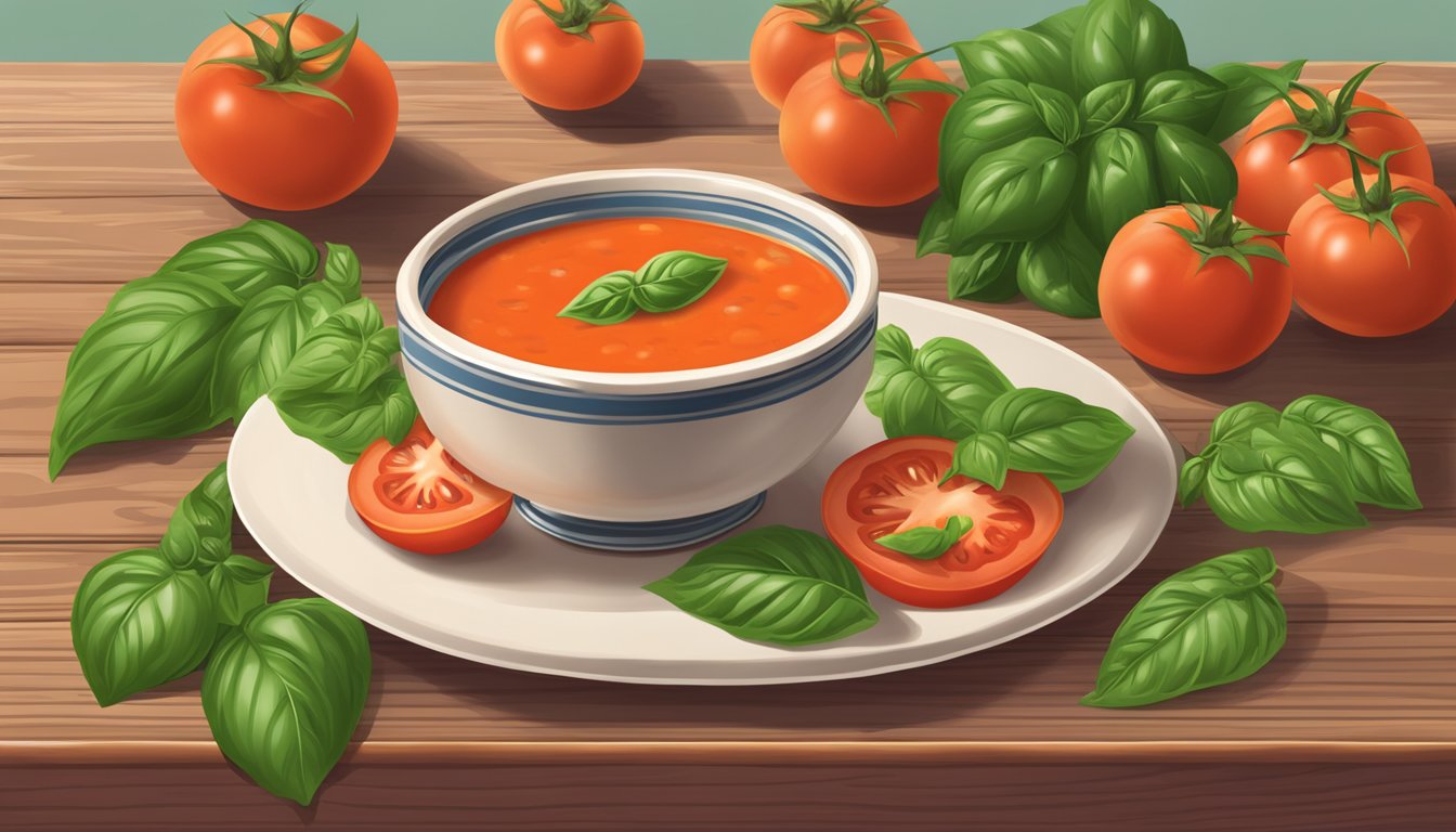 A bowl of Pacific Foods organic creamy tomato soup surrounded by fresh tomatoes and basil leaves on a wooden table