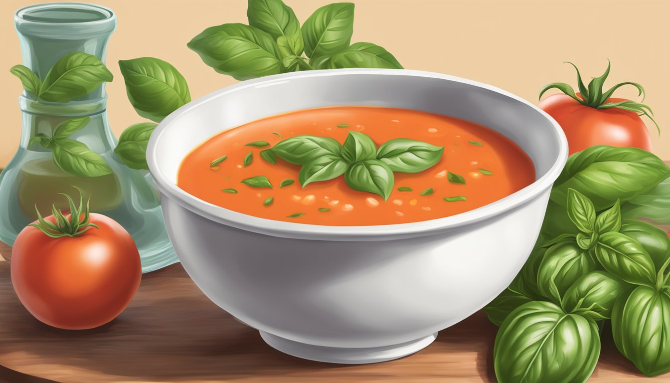 A steaming bowl of Pacific Foods organic creamy tomato soup surrounded by fresh tomatoes and basil leaves