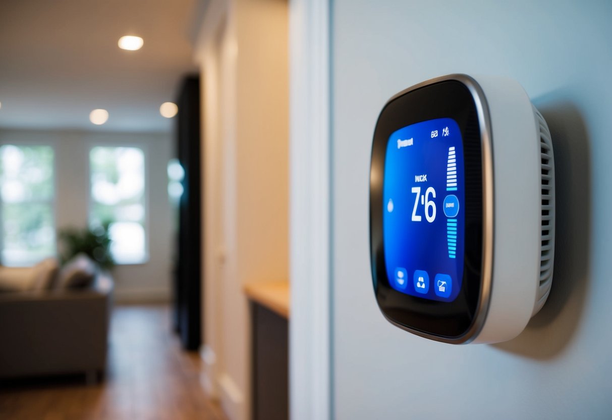 A smart thermostat replaces a traditional model on a wall, with a sleek, modern design and digital display. The HVAC system runs efficiently in the background