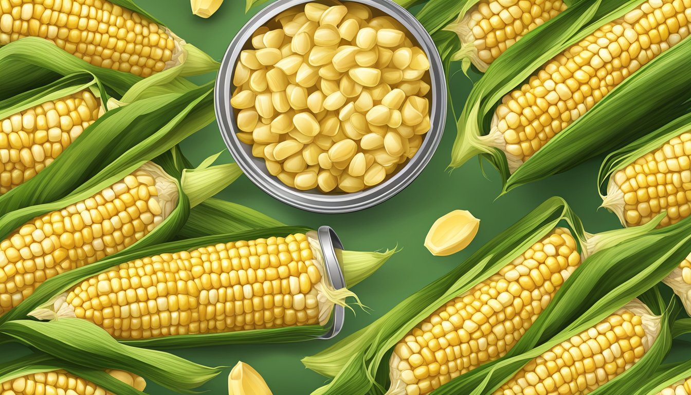 A can of Green Giant whole kernel sweet corn surrounded by fresh corn husks and scattered kernels