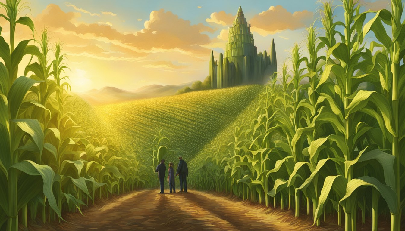 A lush field of sweet corn stalks, bathed in golden sunlight, with the iconic Green Giant standing proudly amidst the bountiful harvest