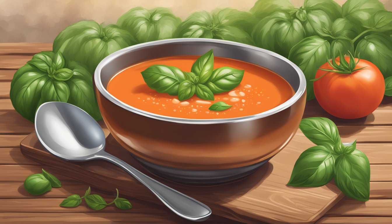 A bowl of Pacific Foods organic creamy tomato soup surrounded by fresh tomatoes and basil leaves on a rustic wooden table