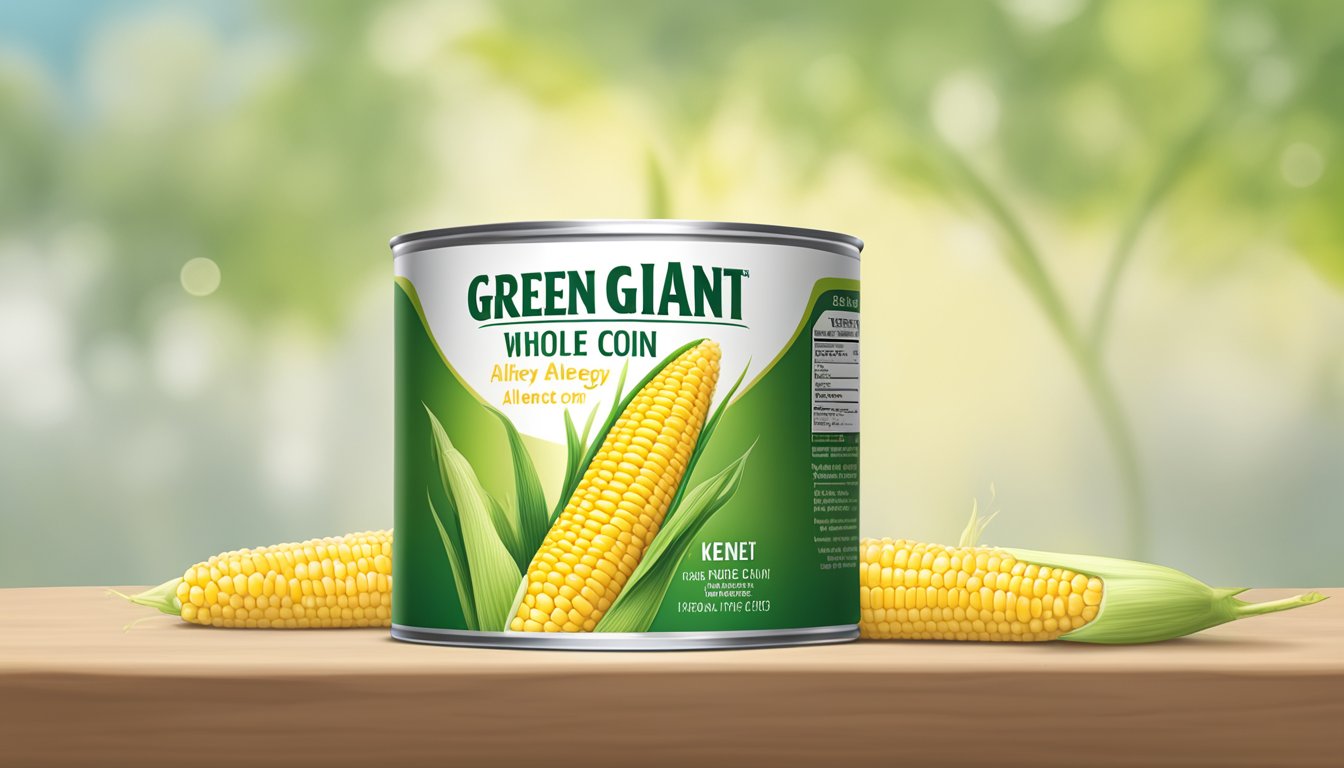 A can of Green Giant whole kernel sweet corn with allergy information label