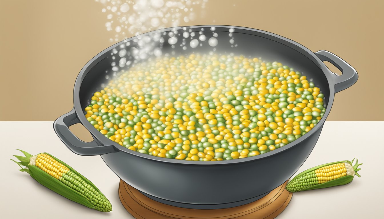 A pot of boiling water with green giant whole kernel sweet corn being poured in