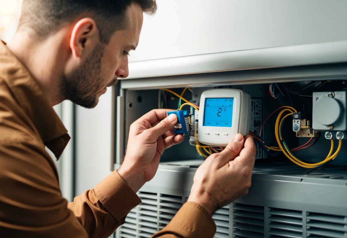 A technician installing a thermostat onto an HVAC unit, checking compatibility and making adjustments