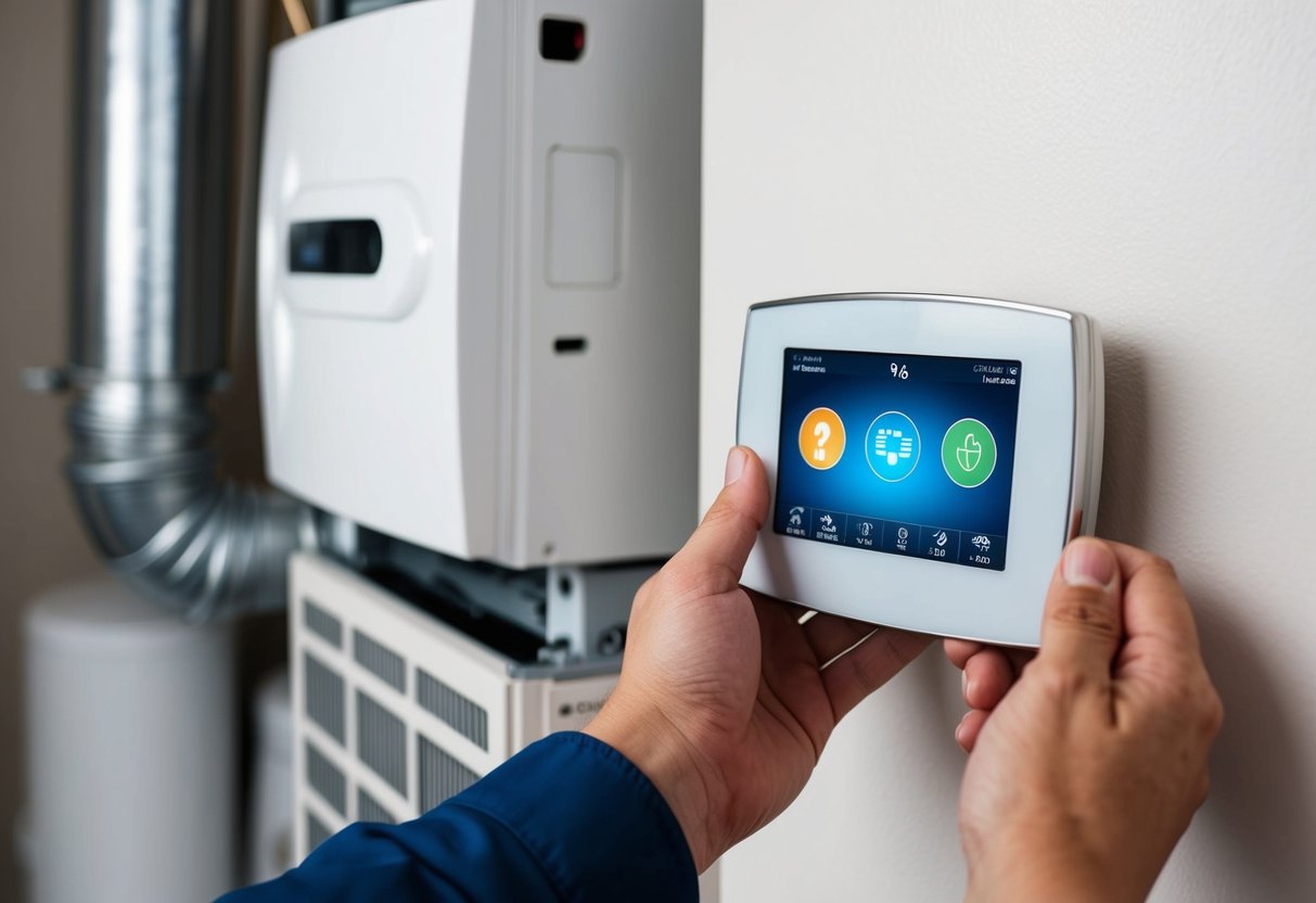 A modern thermostat being installed on a wall next to an HVAC system, with energy efficiency and cost savings icons displayed on the thermostat screen