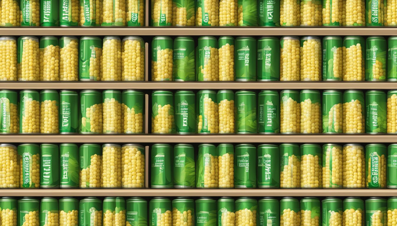 A pantry shelf filled with rows of neatly stacked cans of Green Giant whole kernel sweet corn