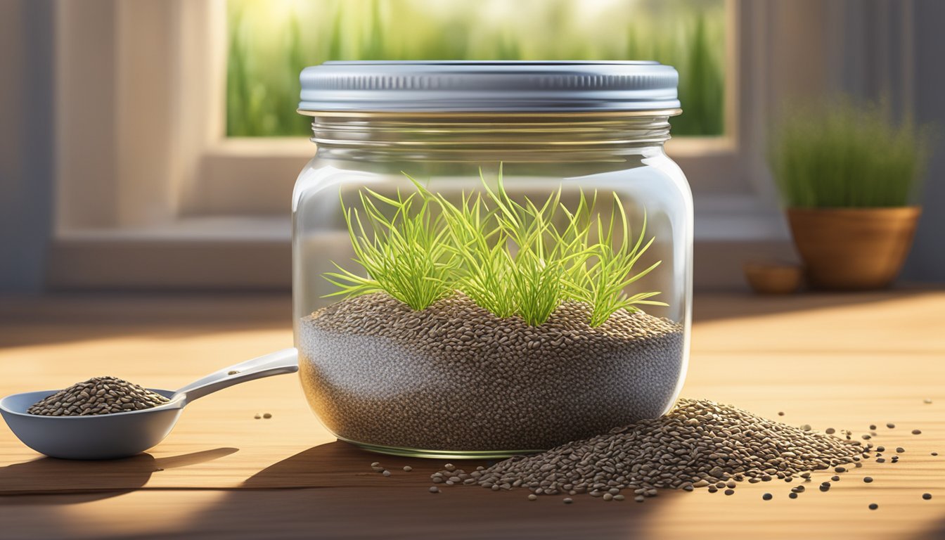 A jar of Carrington Farms Organic Flax Chia Blend sits on a rustic wooden table, surrounded by scattered chia and flax seeds. Sunlight filters through a nearby window, casting a warm glow on the scene