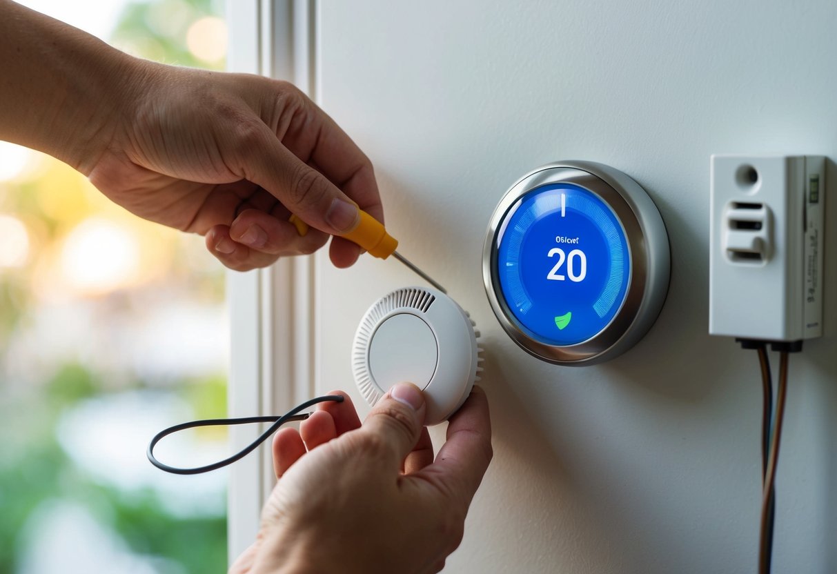 A smart thermostat being installed on a wall next to an old thermostat, with a hand holding a screwdriver and wires being connected