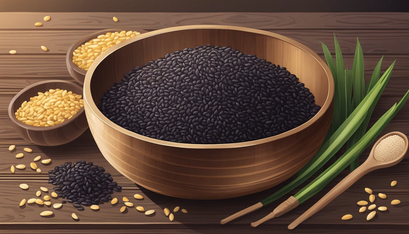 A bowl of cooked black rice surrounded by uncooked grains on a wooden table