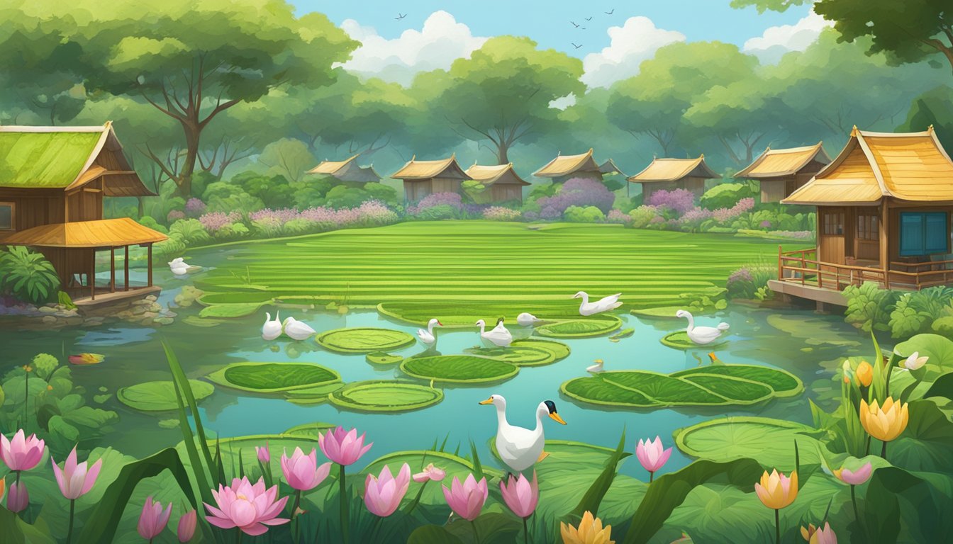 A lush rice paddy with lotus flowers, ducks, and diverse wildlife, surrounded by a community garden and sustainable infrastructure