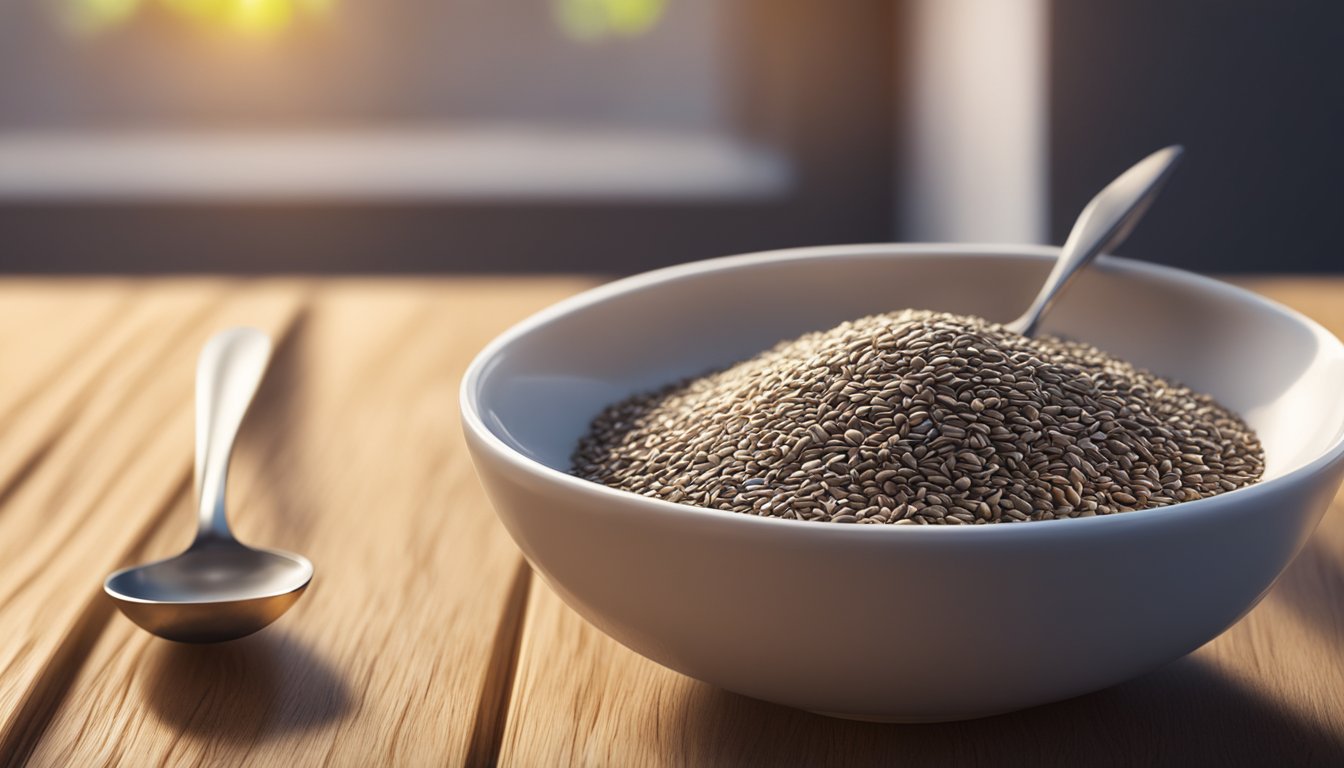 A bowl of mixed flax and chia seeds with a measuring spoon beside it on a wooden table. Sunlight streaming in from a nearby window