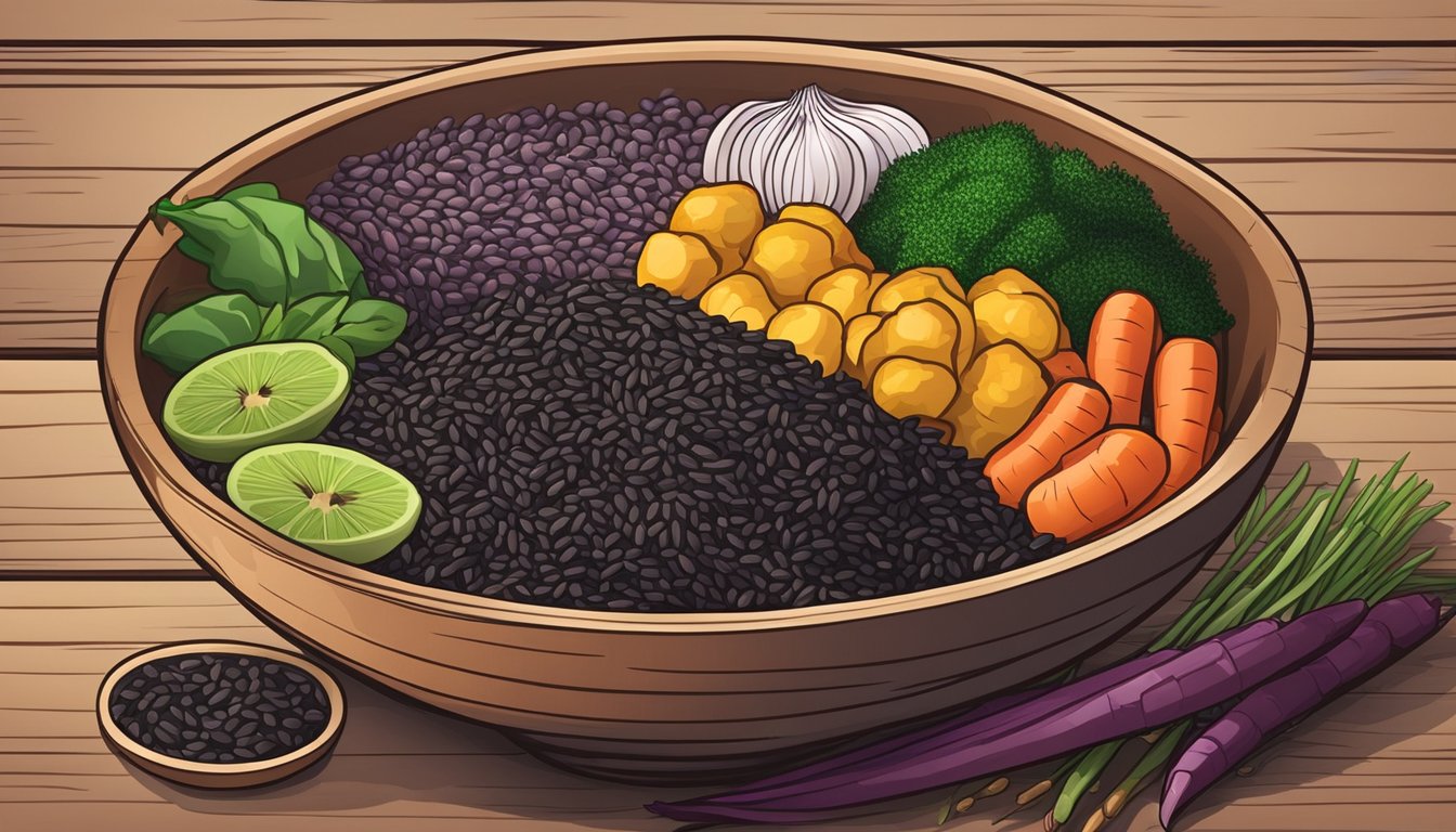 A bowl of organic forbidden black rice surrounded by various grains and vegetables on a wooden table