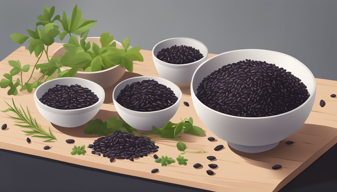 A bowl of lotus foods organic forbidden black rice surrounded by scattered grains and a sprig of fresh herbs