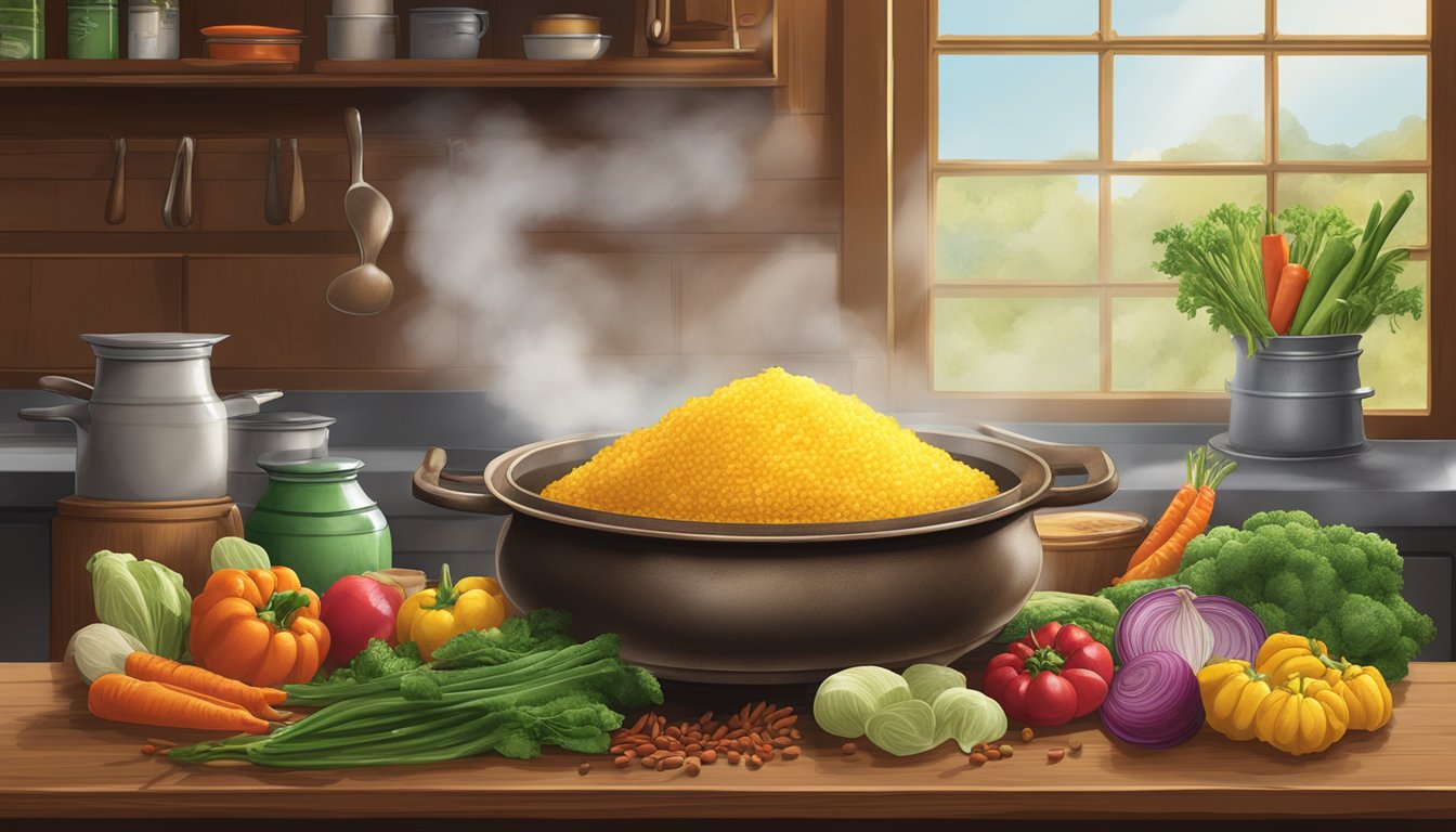 A steaming pot of Zatarain's Yellow Rice sits on a rustic kitchen table, surrounded by colorful vegetables and spices