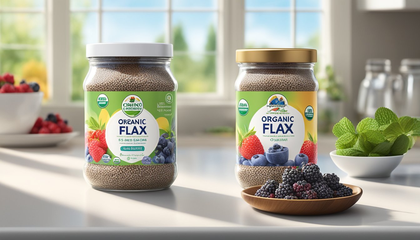 A glass jar of Carrington Farms organic flax chia blend sits on a clean, white kitchen counter next to a bowl of fresh berries. Sunlight streams in through a nearby window, highlighting the vibrant colors of the ingredients