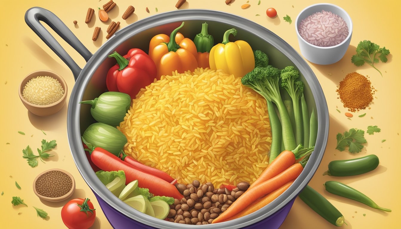 A steaming pot of Zatarain's New Orleans style yellow rice surrounded by colorful vegetables and spices