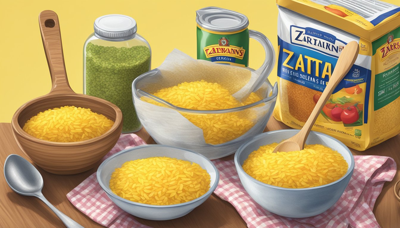 A vibrant kitchen counter with scattered ingredients: a packet of Zatarain's New Orleans Style Yellow Rice, a measuring cup, and a wooden spoon