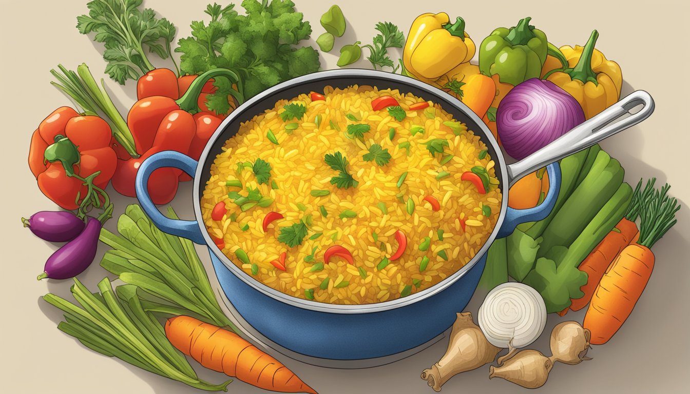 A steaming pot of Zatarain's New Orleans style yellow rice surrounded by colorful vegetables and herbs