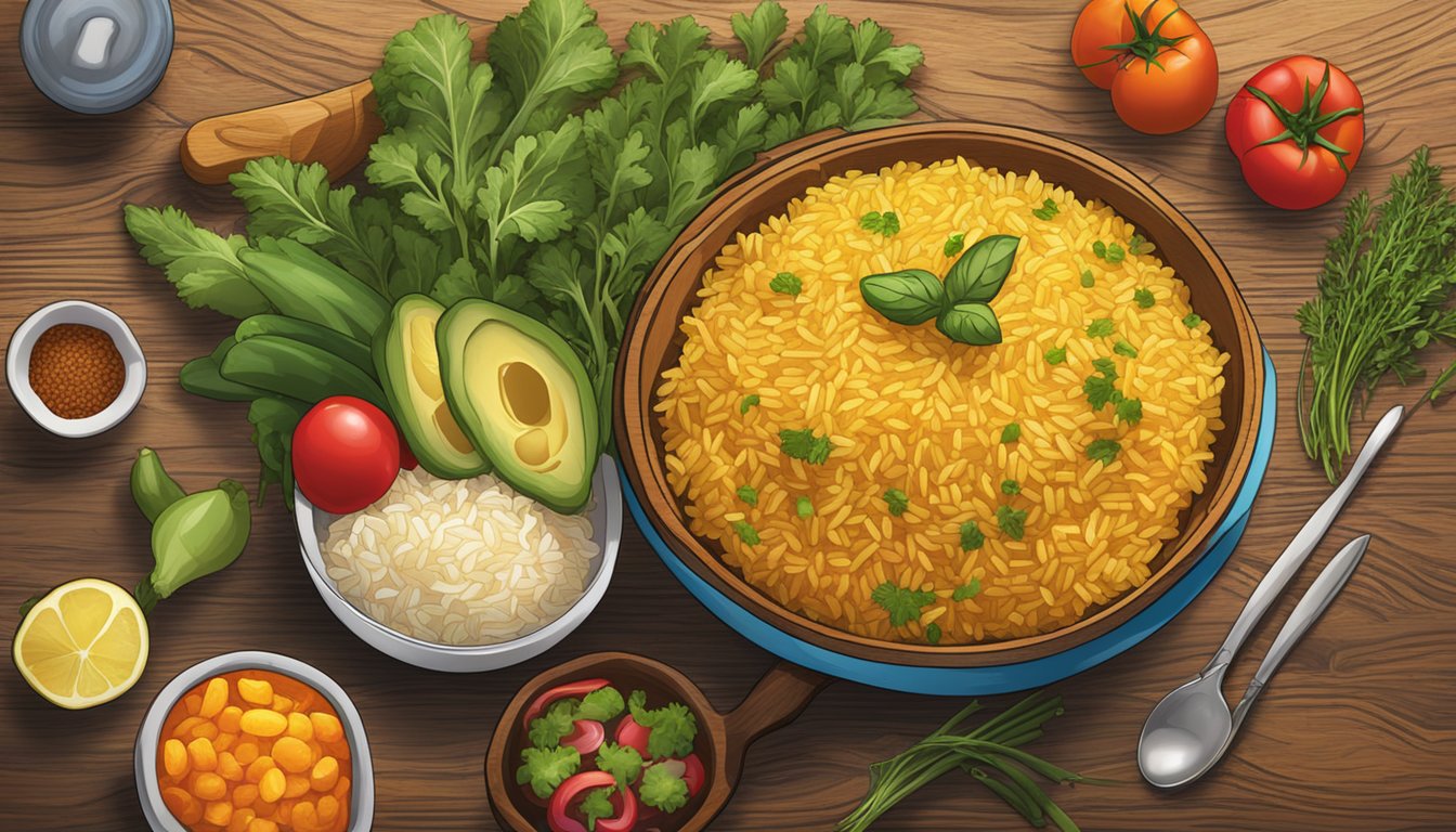 A steaming bowl of Zatarain's New Orleans style yellow rice on a rustic wooden table with a colorful array of fresh vegetables and herbs