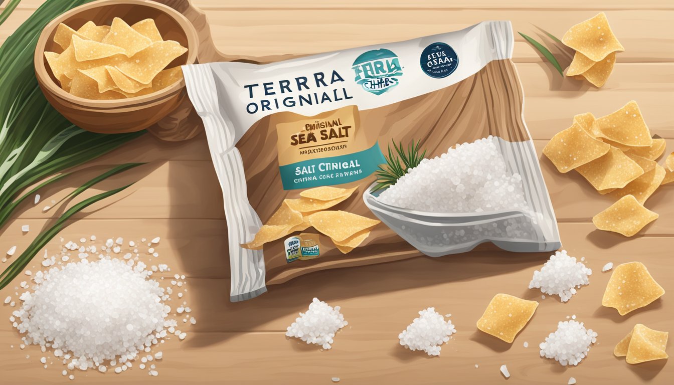 A bag of Terra original chips with sea salt sitting on a wooden cutting board with scattered sea salt crystals