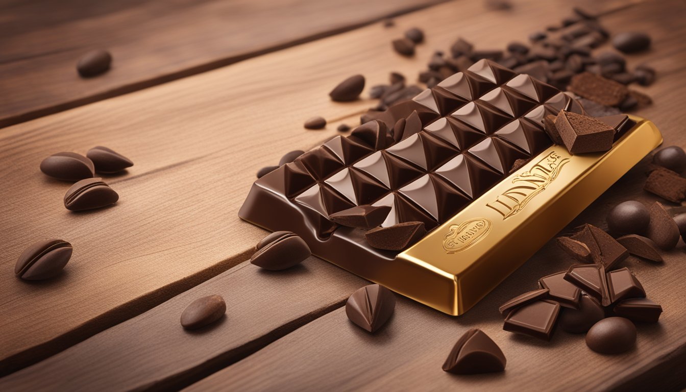 A bar of Lindt Excellence Dark Chocolate with 70% cocoa surrounded by scattered cocoa beans and a rustic wooden table