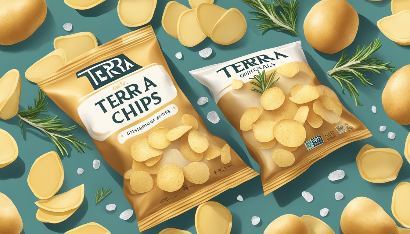 A bag of Terra original chips with sea salt surrounded by scattered potato slices and a sprig of rosemary