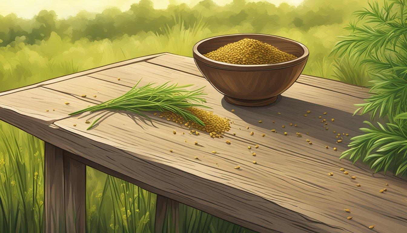 A rustic wooden table with scattered cumin seeds, surrounded by lush green cumin plants in a sunlit field