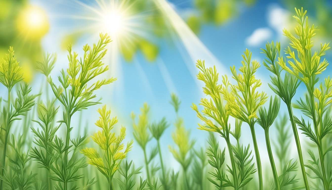 A field of vibrant green cumin plants growing under the bright sun, with a certification logo prominently displayed on the packaging