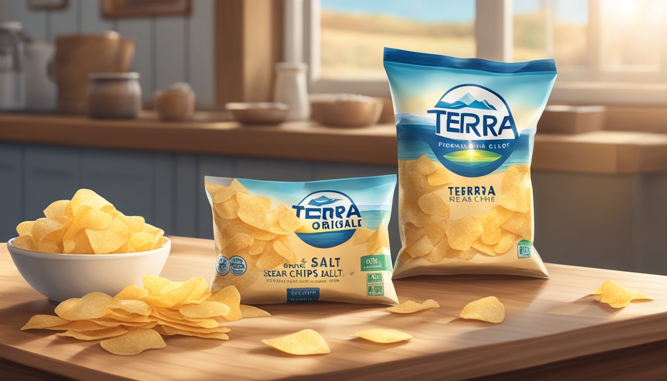 A bag of Terra Original Chips with Sea Salt sits on a wooden table next to a bowl of fresh sea salt. The sunlight streams through a nearby window, casting a warm glow on the scene