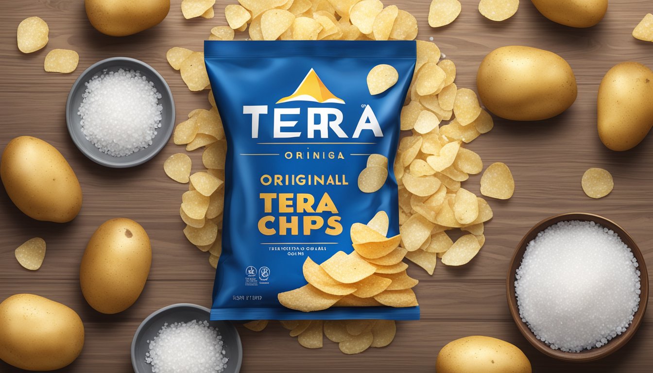 A bag of Terra original chips with sea salt sits on a wooden table, surrounded by scattered salt crystals and a few whole potatoes