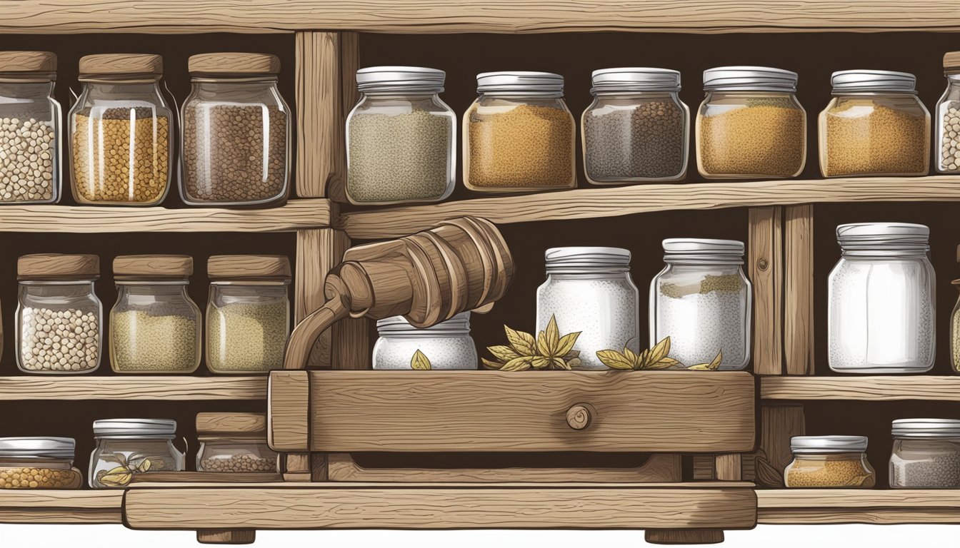 A rustic kitchen with a wooden spice rack, where a hand reaches for a jar of Frontier Natural Products organic cumin seed