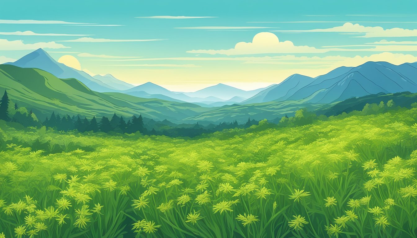 A field of vibrant green cumin plants under a clear blue sky, with mountains in the distance and a gentle breeze rustling the leaves