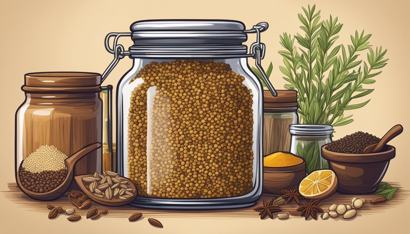 A glass jar filled with organic cumin seeds sits on a wooden shelf, surrounded by other natural products and spices. The warm, earthy aroma fills the air