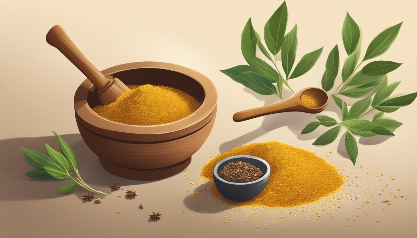 A wooden spoon sprinkles organic cumin seed into a bubbling pot of curry. A mortar and pestle sit nearby, ready to grind more spices