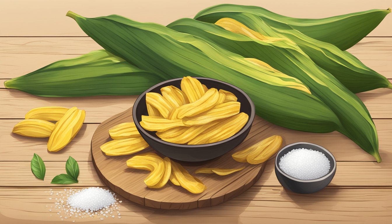 A bowl of Artisan Tropic Plantain Strips with sea salt on a wooden cutting board. A few whole plantains and sea salt scattered around