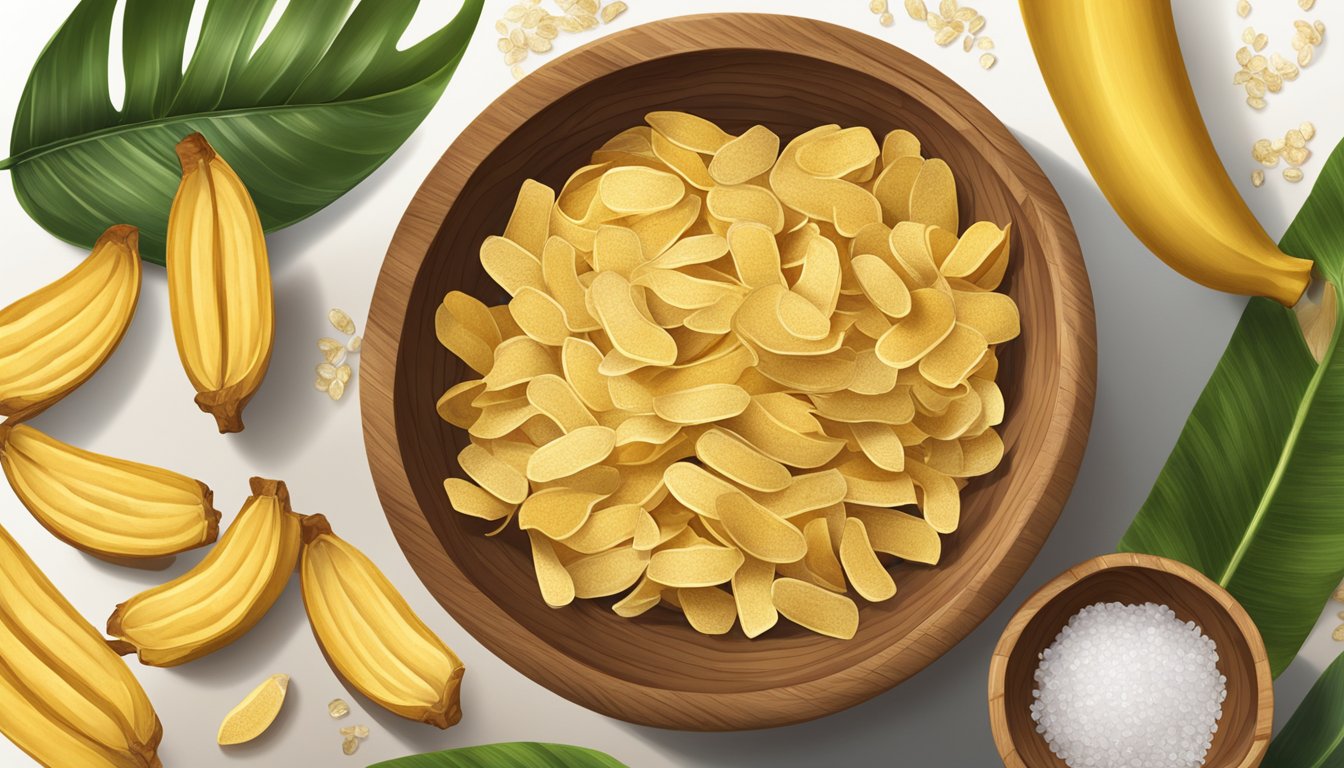 A wooden bowl filled with golden Plantain Strips, scattered sea salt, and tropical leaves