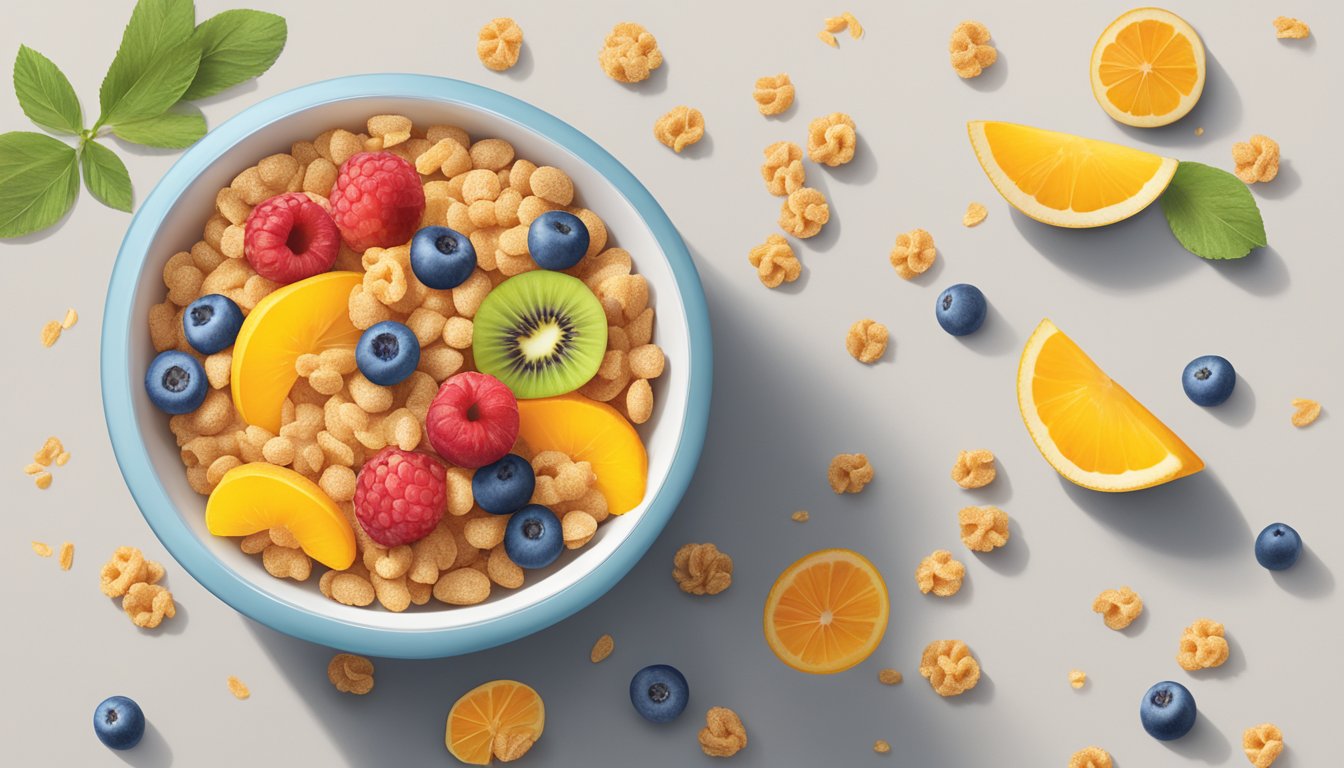 A bowl of Kashi 7 whole grain puffs cereal with colorful fruit slices and a drizzle of honey on top