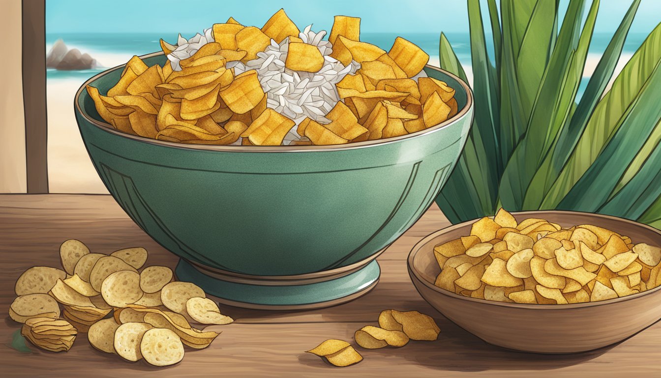 A bowl of artisan tropic plantain strips sits next to other snacks, emphasizing their unique texture and sea salt flavor