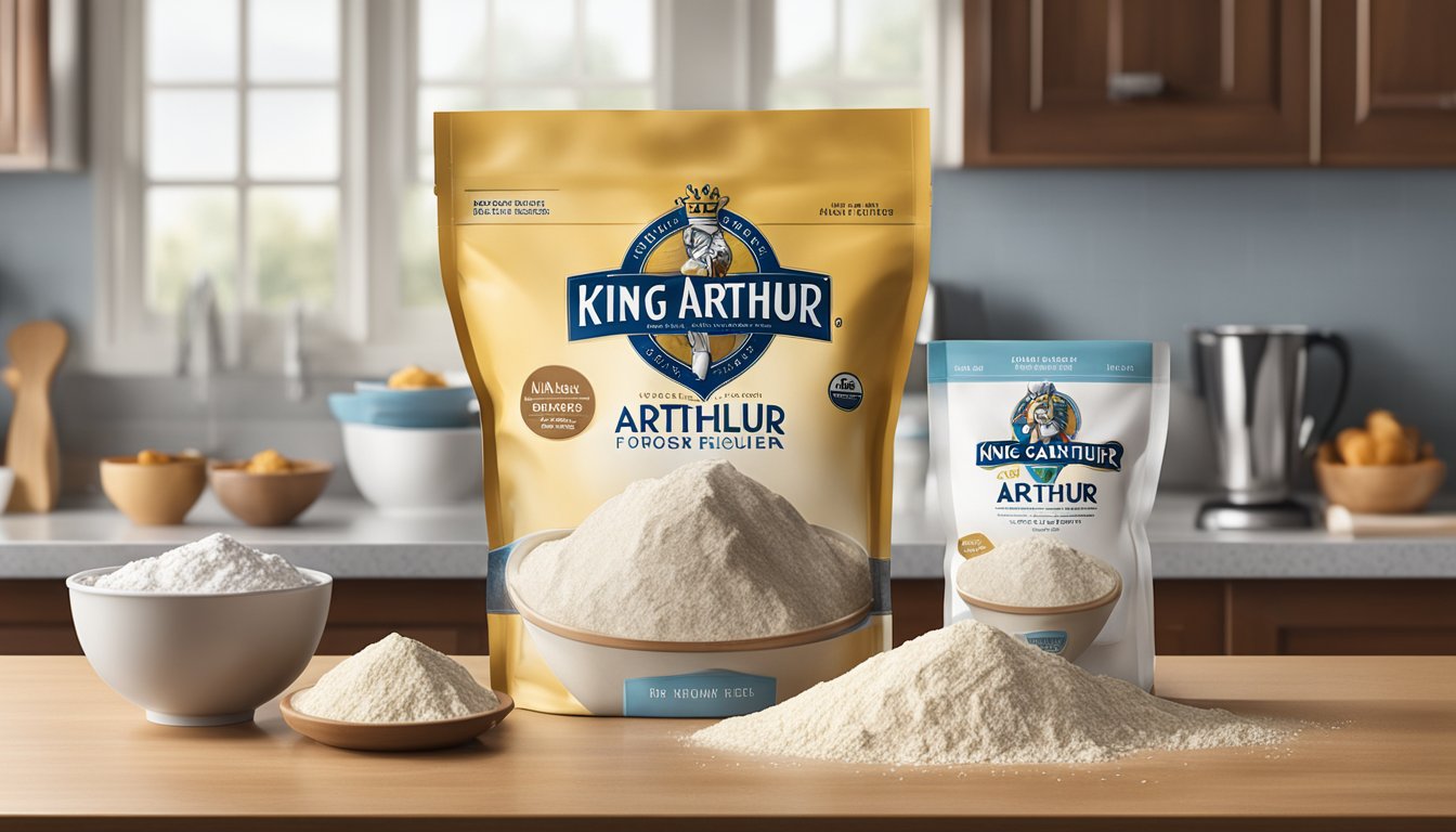 A bag of King Arthur all-purpose flour sits open on a clean kitchen counter, surrounded by measuring cups and a mixing bowl