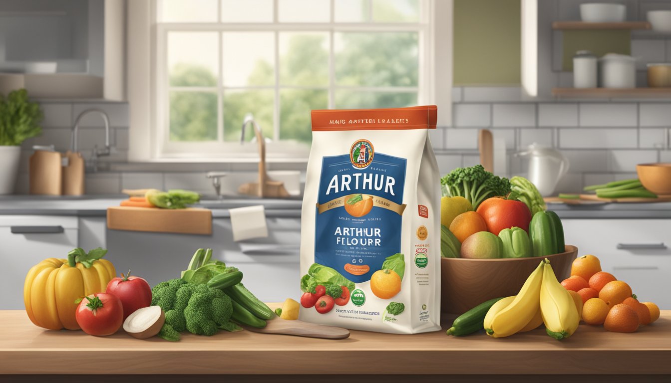 A bag of King Arthur all-purpose flour sits on a clean kitchen counter, surrounded by fresh fruits and vegetables, a cutting board, and a mixing bowl