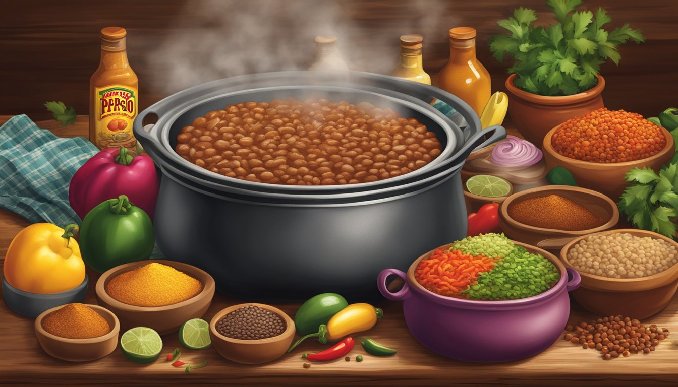 A rustic kitchen scene with a steaming pot of Old El Paso traditional refried beans surrounded by colorful Mexican spices and ingredients