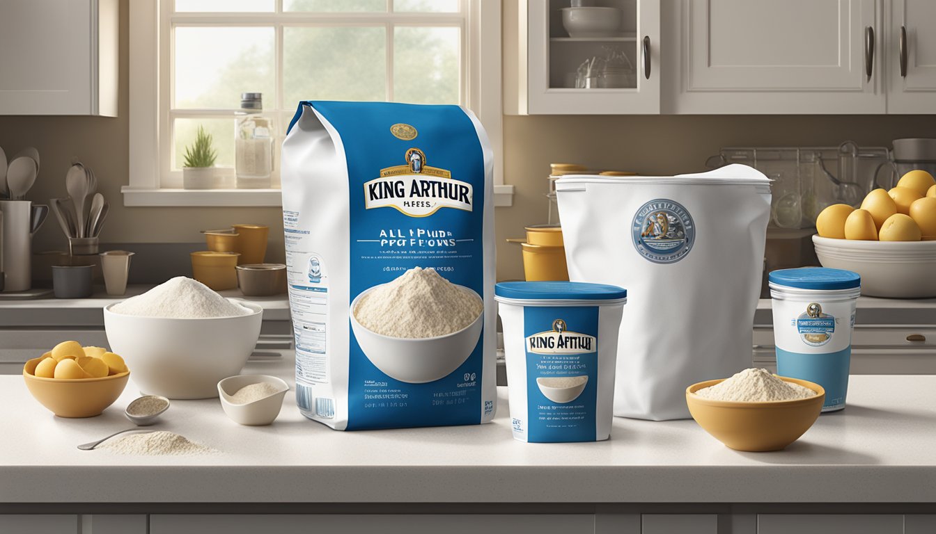 A bag of King Arthur all purpose flour sits on a clean, well-lit kitchen counter, surrounded by measuring cups and a mixing bowl