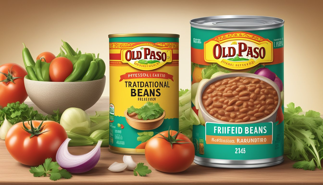 A can of Old El Paso traditional refried beans surrounded by fresh ingredients like tomatoes, onions, and cilantro, with a nutrition label in the background