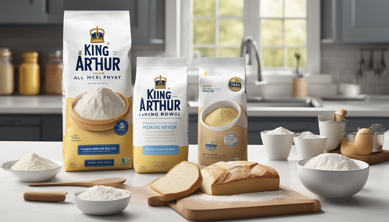 A bag of King Arthur all-purpose flour sits on a clean, white countertop, surrounded by baking utensils and a mixing bowl