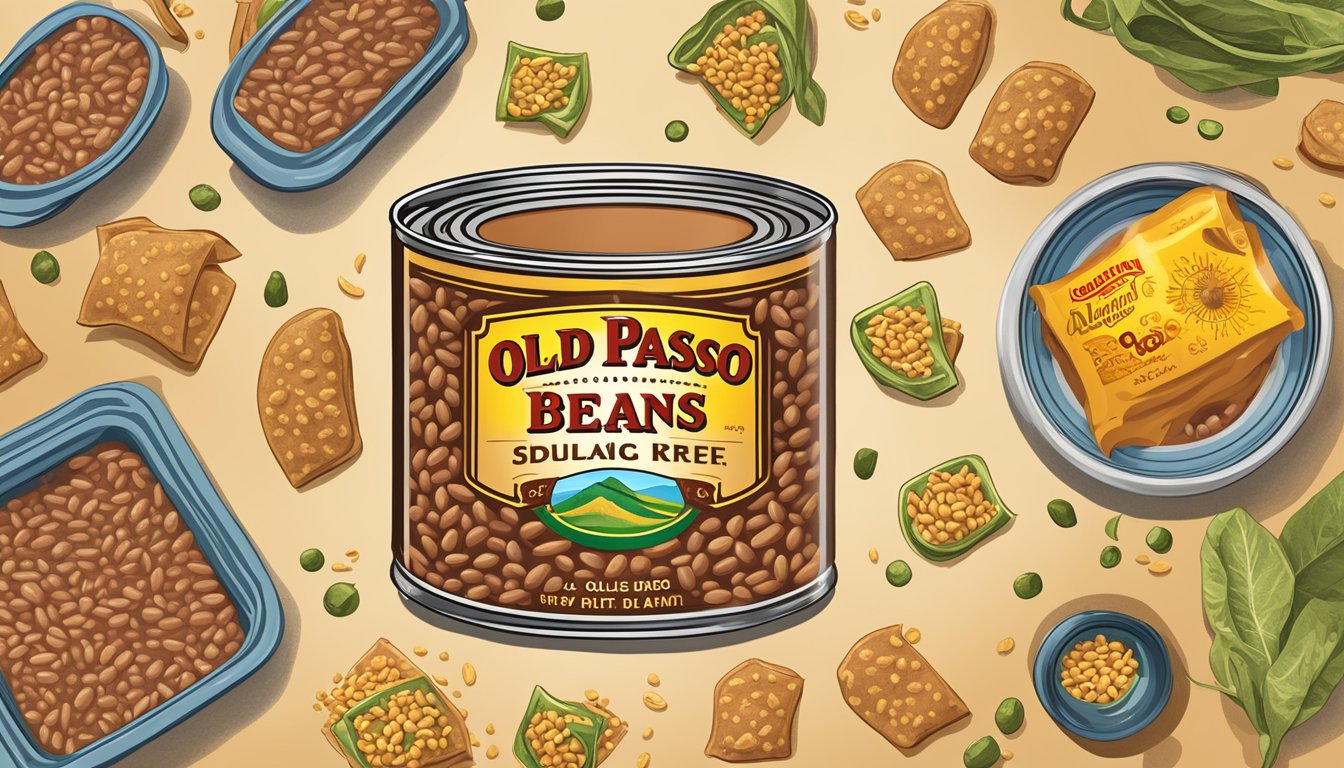 A can of Old El Paso traditional refried beans surrounded by scattered allergen symbols