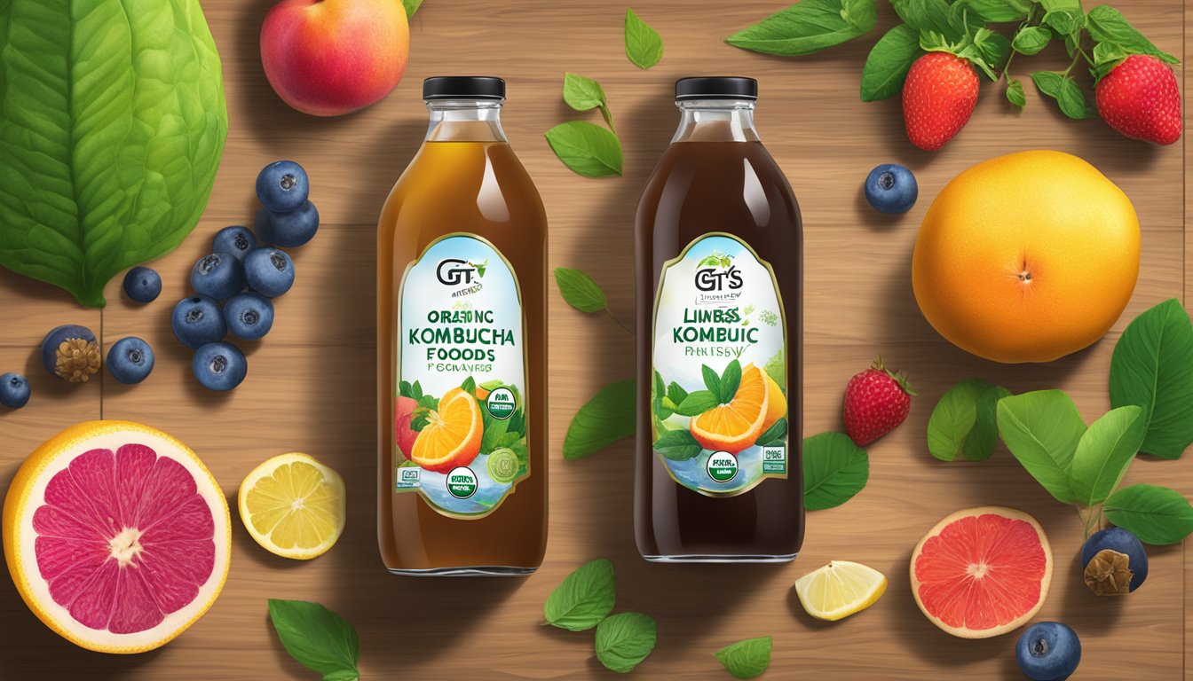 A glass bottle of GT's Living Foods Organic Kombucha Trilogy surrounded by vibrant, fresh fruits and herbs on a wooden table